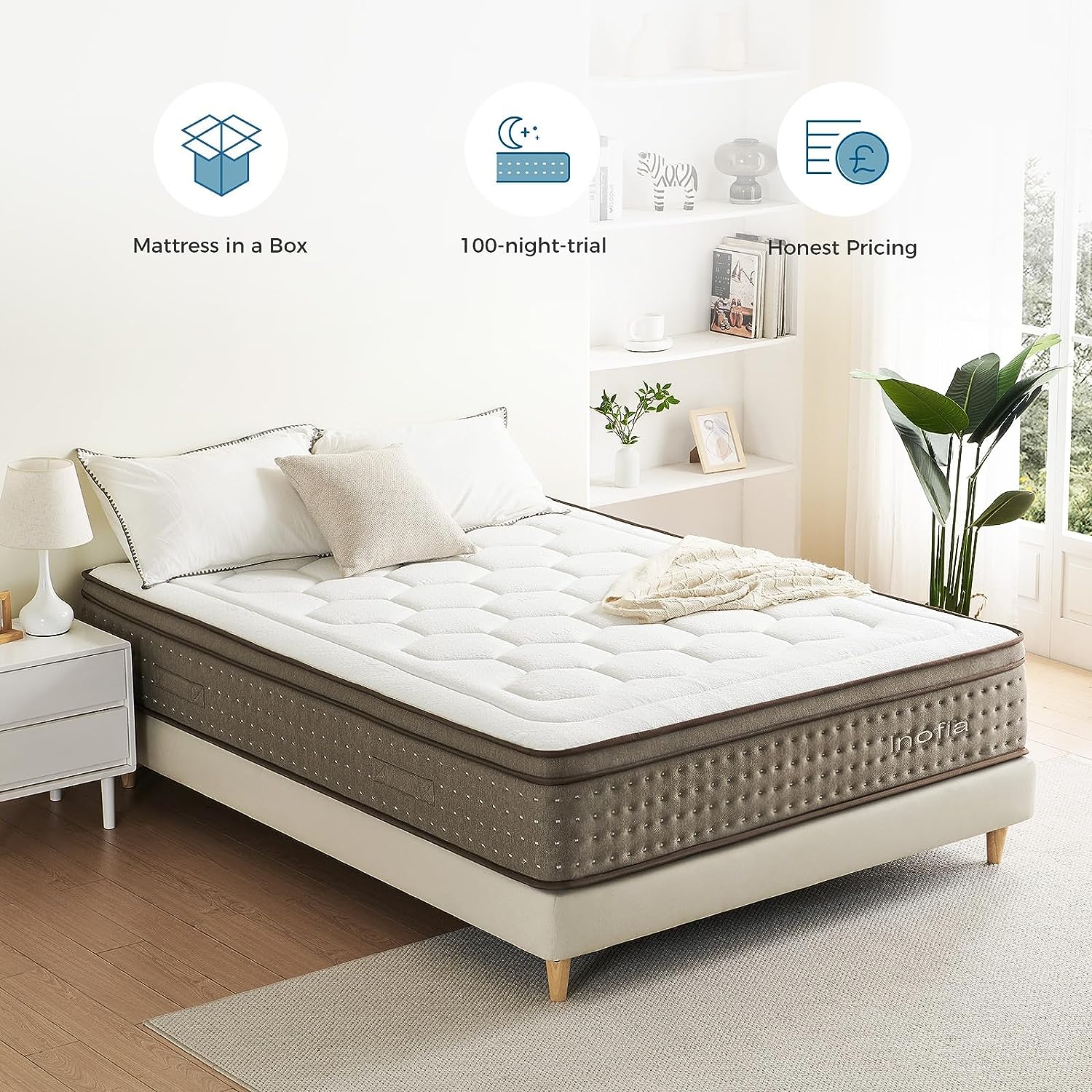 Inofia 12 Inch Cloud-Lux Memory Foam Mattress with Pocket Sprung Medium Firm with Tencel Fabric Fire Resistant Barrier Pressure Relieving OEKO-TEX Certified