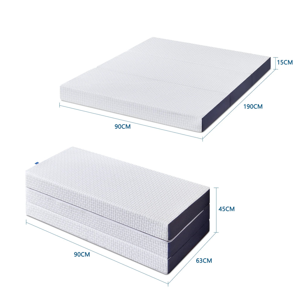 Tri-fold Mattress with dimensions labeled on a white background