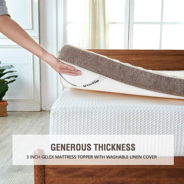 Inofia 3-inch Gel Memory Foam Mattress Topper with Washable Linen Cover, Dual Layer Foam for Natural Comfort & Pressure Relief